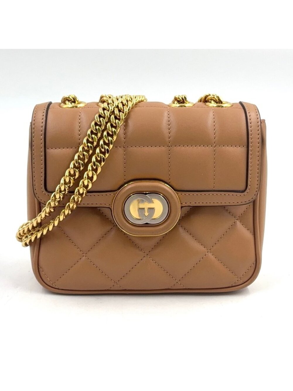 Gucci Deco Mini Quilted Chain Leather Beige Shoulder Bag Gold